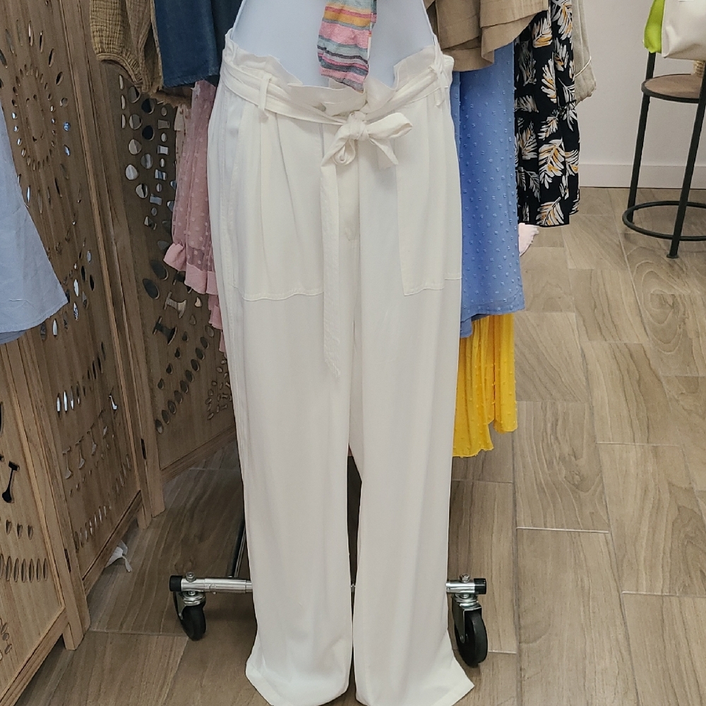 eesome White High-Waist Tie-Waist Wide-Leg Pants